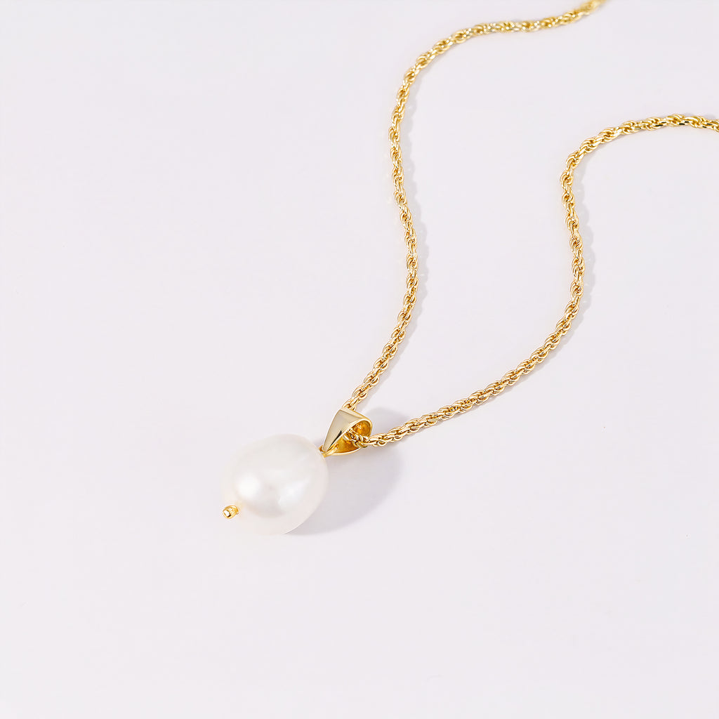 Power Pearl Fresh Water Cultured Baroque Pearl Drop Pendant Necklace 14ct Gold on Sterling Silver with rope chain